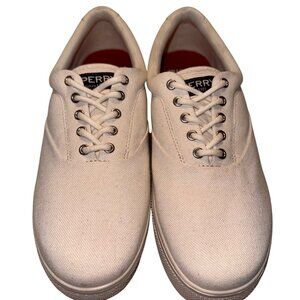 Sperry Mens Size 9.5W Canvas Cream Sneakers With Plushstep Insole Shoes New